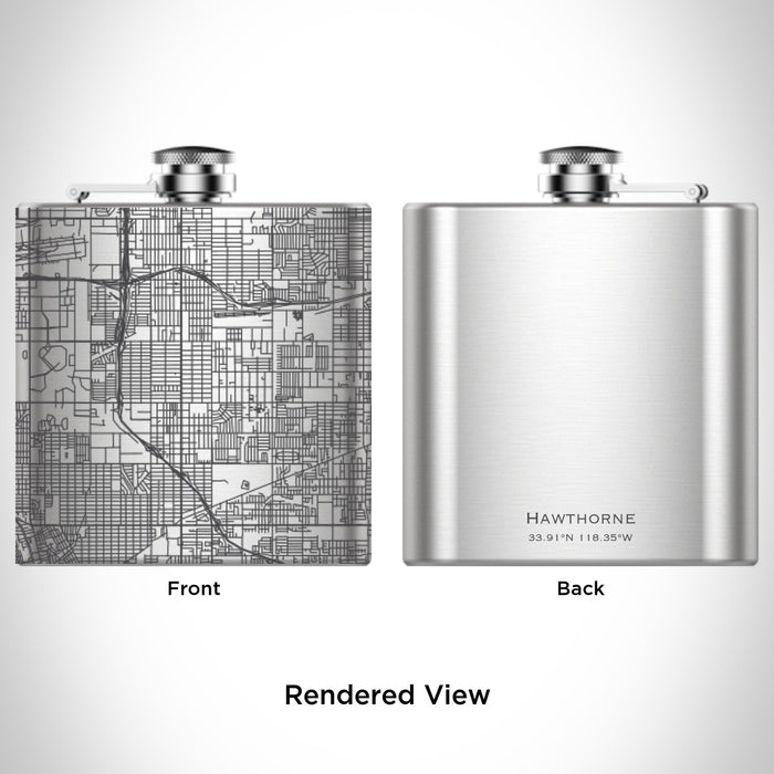 Rendered View of Hawthorne California Map Engraving on 6oz Stainless Steel Flask