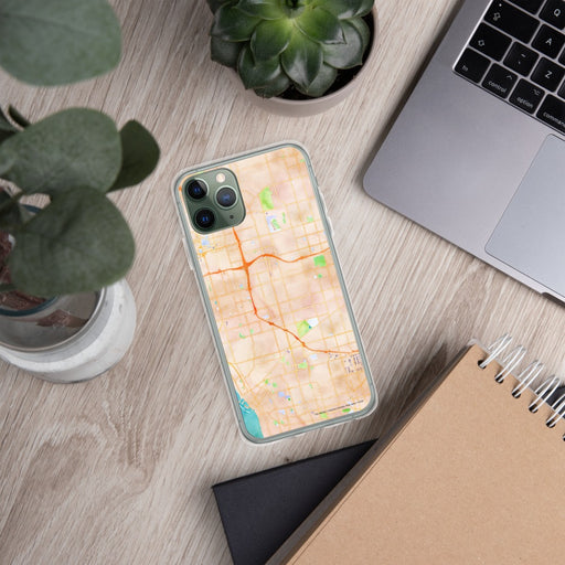 Custom Hawthorne California Map Phone Case in Watercolor on Table with Laptop and Plant