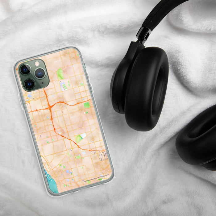 Custom Hawthorne California Map Phone Case in Watercolor on Table with Black Headphones