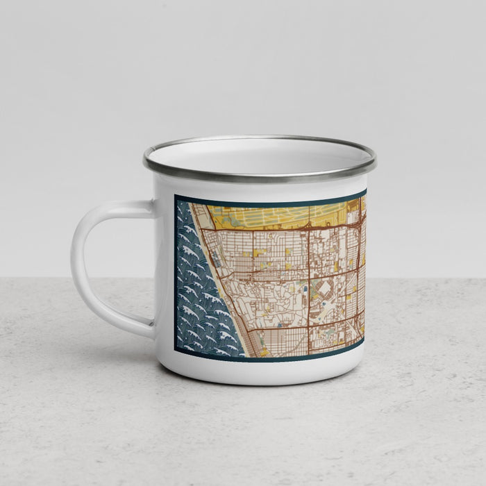 Left View Custom Hawthorne California Map Enamel Mug in Woodblock
