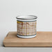 Front View Custom Hawthorne California Map Enamel Mug in Woodblock on Cutting Board