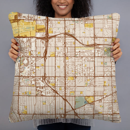 Person holding 22x22 Custom Hawthorne California Map Throw Pillow in Woodblock