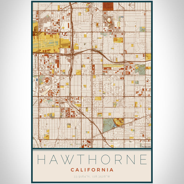 Hawthorne California Map Print Portrait Orientation in Woodblock Style With Shaded Background