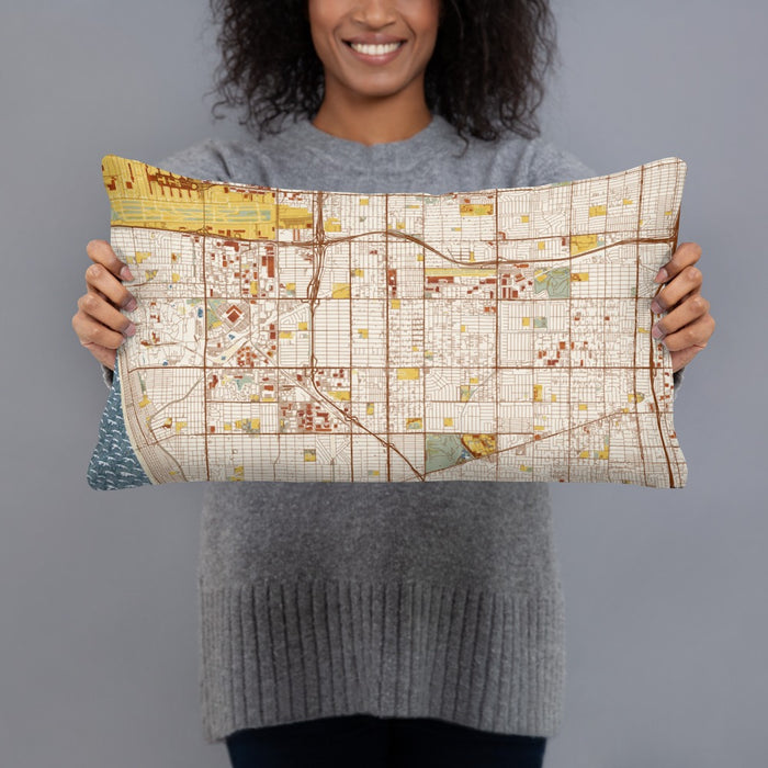 Person holding 20x12 Custom Hawthorne California Map Throw Pillow in Woodblock