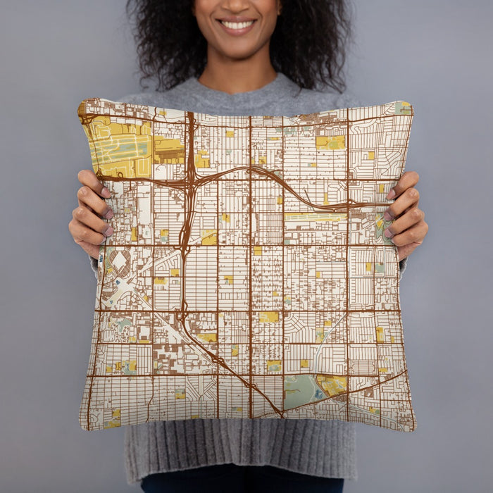 Person holding 18x18 Custom Hawthorne California Map Throw Pillow in Woodblock