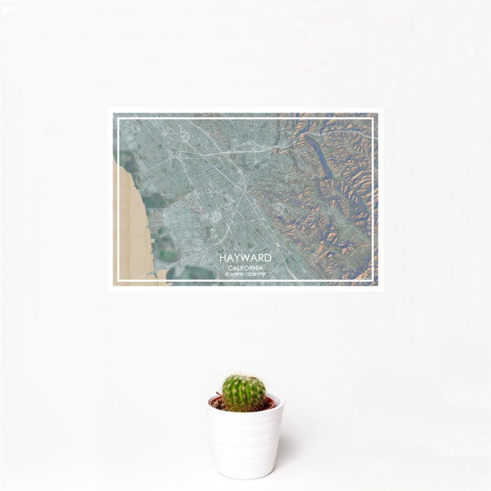 12x18 Hayward California Map Print Landscape Orientation in Afternoon Style With Small Cactus Plant in White Planter