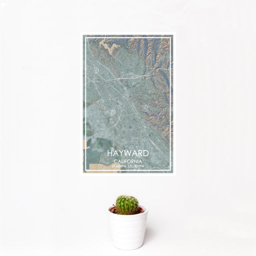 12x18 Hayward California Map Print Portrait Orientation in Afternoon Style With Small Cactus Plant in White Planter