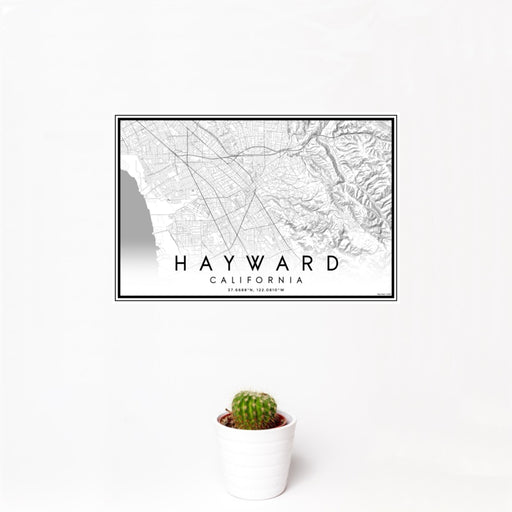 12x18 Hayward California Map Print Landscape Orientation in Classic Style With Small Cactus Plant in White Planter