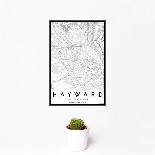 12x18 Hayward California Map Print Portrait Orientation in Classic Style With Small Cactus Plant in White Planter