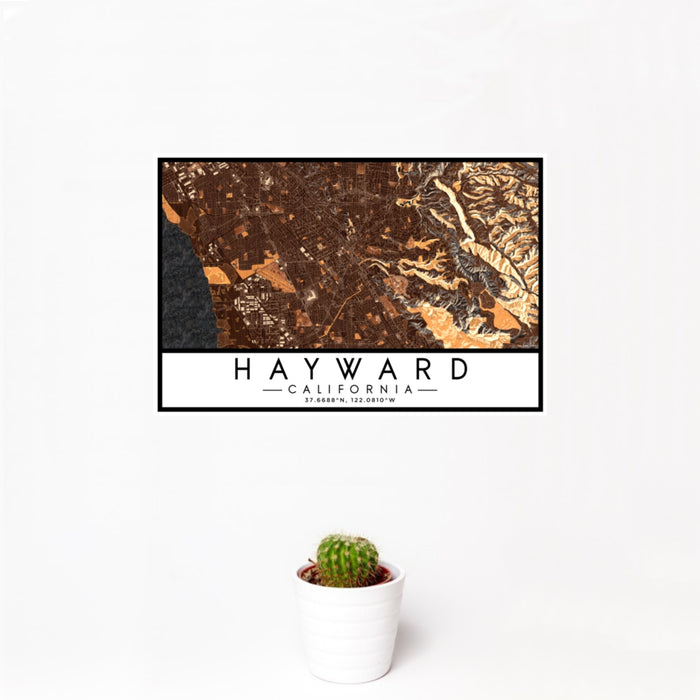 12x18 Hayward California Map Print Landscape Orientation in Ember Style With Small Cactus Plant in White Planter