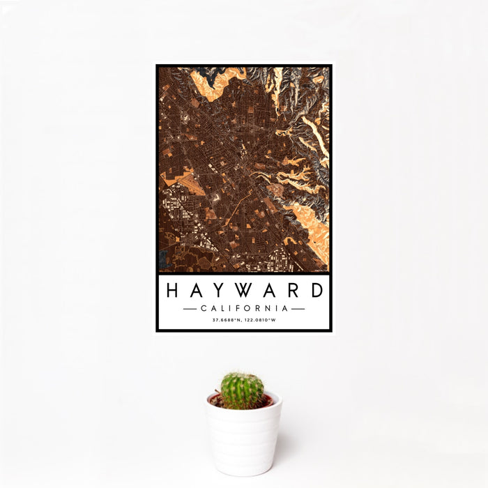 12x18 Hayward California Map Print Portrait Orientation in Ember Style With Small Cactus Plant in White Planter