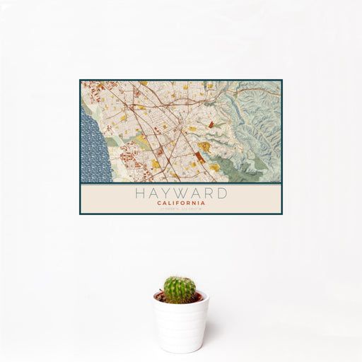 12x18 Hayward California Map Print Landscape Orientation in Woodblock Style With Small Cactus Plant in White Planter