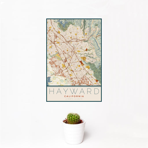 12x18 Hayward California Map Print Portrait Orientation in Woodblock Style With Small Cactus Plant in White Planter
