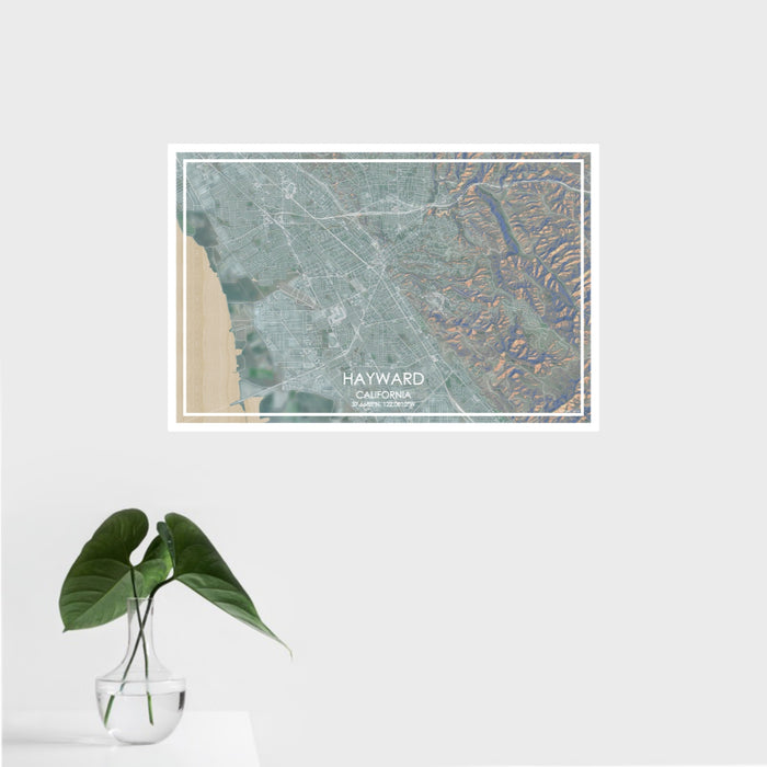 16x24 Hayward California Map Print Landscape Orientation in Afternoon Style With Tropical Plant Leaves in Water