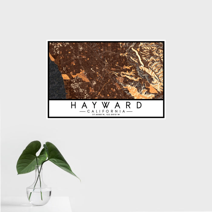 16x24 Hayward California Map Print Landscape Orientation in Ember Style With Tropical Plant Leaves in Water