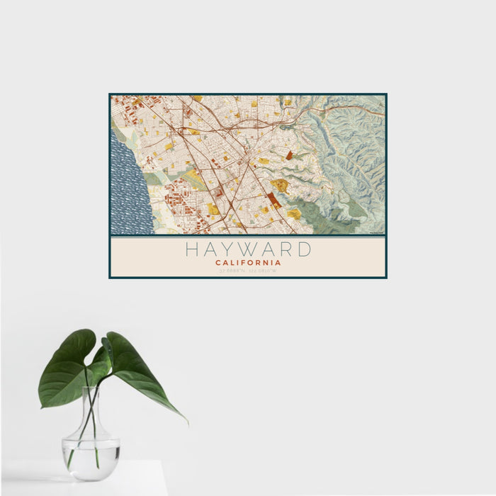16x24 Hayward California Map Print Landscape Orientation in Woodblock Style With Tropical Plant Leaves in Water