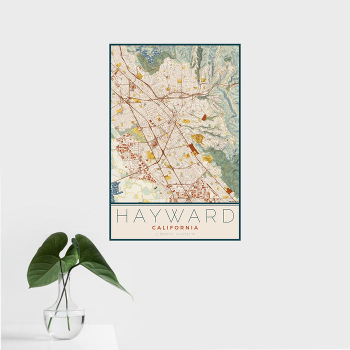 16x24 Hayward California Map Print Portrait Orientation in Woodblock Style With Tropical Plant Leaves in Water