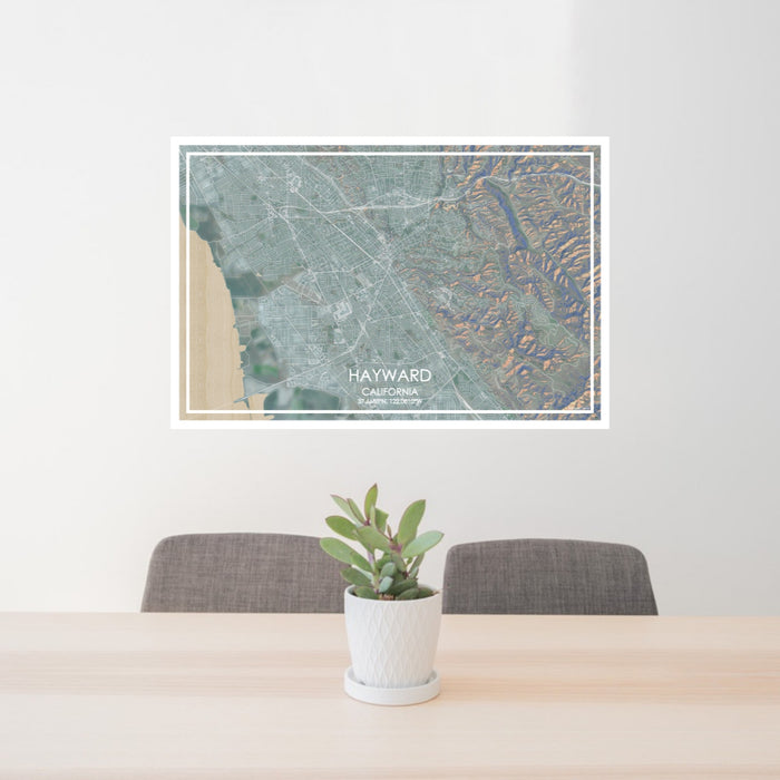 24x36 Hayward California Map Print Lanscape Orientation in Afternoon Style Behind 2 Chairs Table and Potted Plant