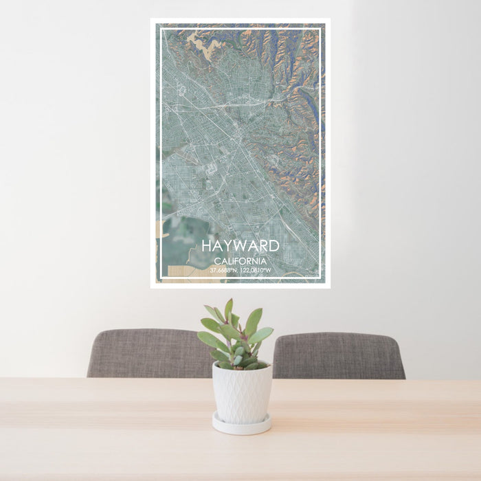 24x36 Hayward California Map Print Portrait Orientation in Afternoon Style Behind 2 Chairs Table and Potted Plant
