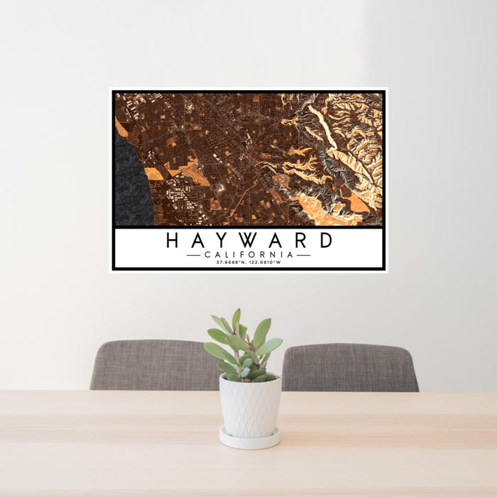 24x36 Hayward California Map Print Lanscape Orientation in Ember Style Behind 2 Chairs Table and Potted Plant