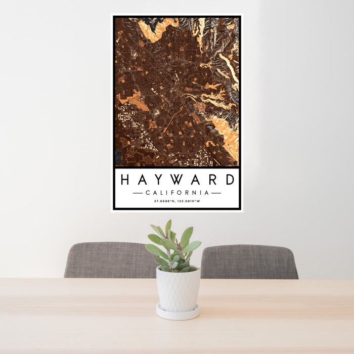 24x36 Hayward California Map Print Portrait Orientation in Ember Style Behind 2 Chairs Table and Potted Plant