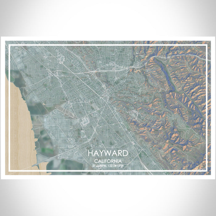 Hayward California Map Print Landscape Orientation in Afternoon Style With Shaded Background