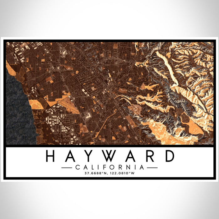 Hayward California Map Print Landscape Orientation in Ember Style With Shaded Background