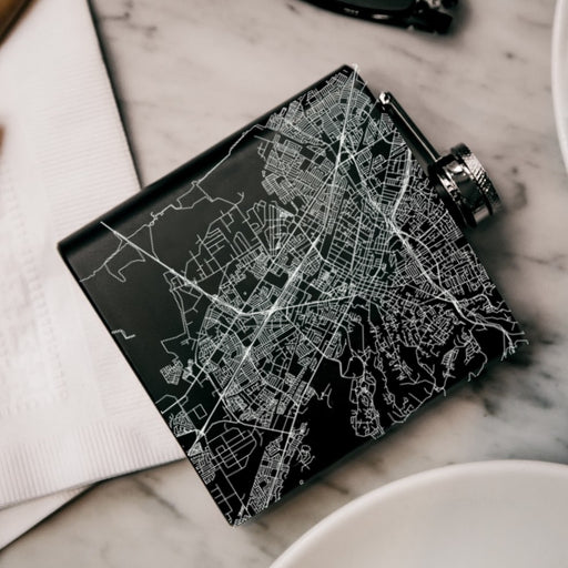 Hayward California Custom Engraved City Map Inscription Coordinates on 6oz Stainless Steel Flask in Black