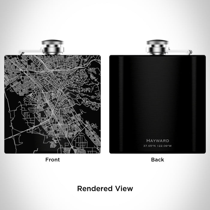 Rendered View of Hayward California Map Engraving on 6oz Stainless Steel Flask in Black
