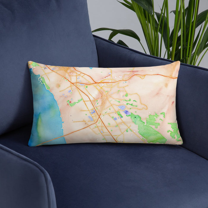 Custom Hayward California Map Throw Pillow in Watercolor on Blue Colored Chair