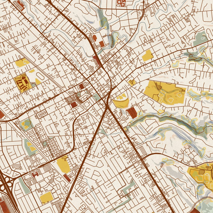 Hayward California Map Print in Woodblock Style Zoomed In Close Up Showing Details
