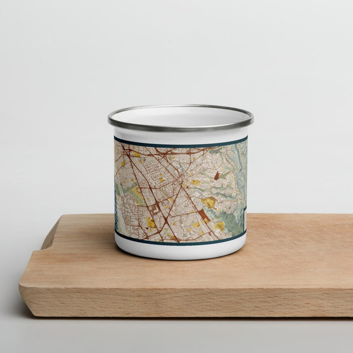 Front View Custom Hayward California Map Enamel Mug in Woodblock on Cutting Board