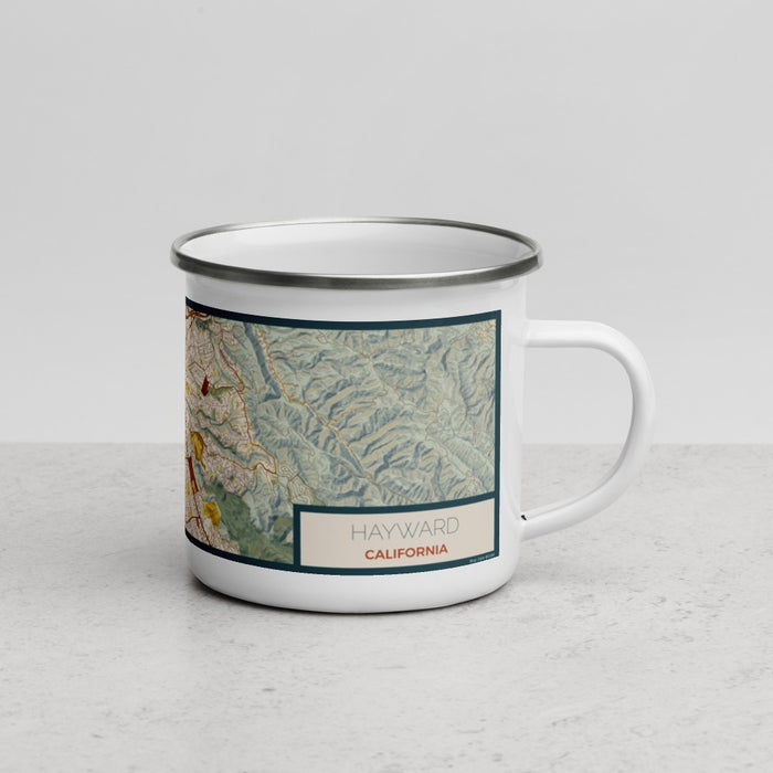 Right View Custom Hayward California Map Enamel Mug in Woodblock