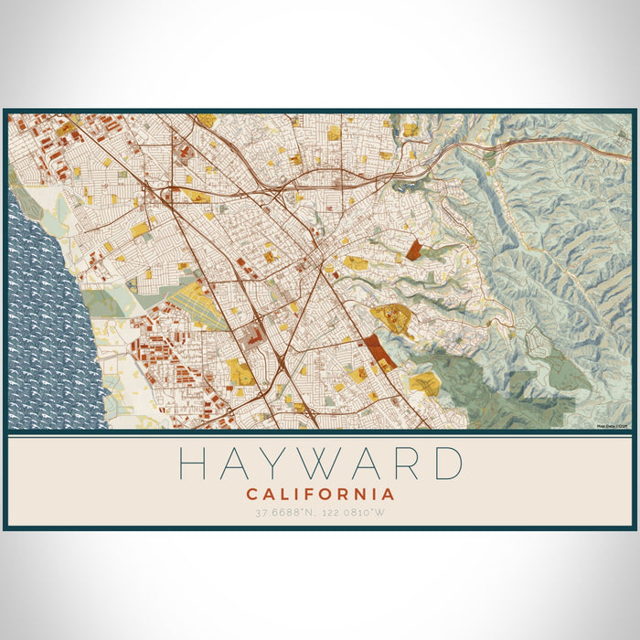 Hayward California Map Print Landscape Orientation in Woodblock Style With Shaded Background