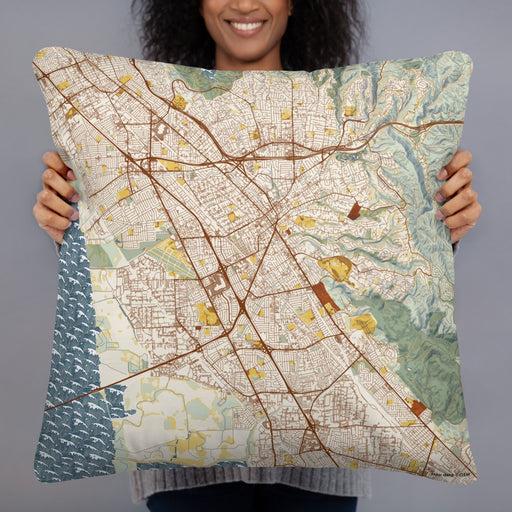 Person holding 22x22 Custom Hayward California Map Throw Pillow in Woodblock