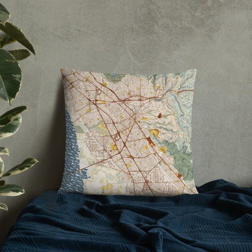 Custom Hayward California Map Throw Pillow in Woodblock on Bedding Against Wall