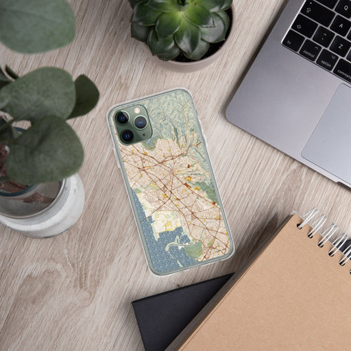 Custom Hayward California Map Phone Case in Woodblock on Table with Laptop and Plant