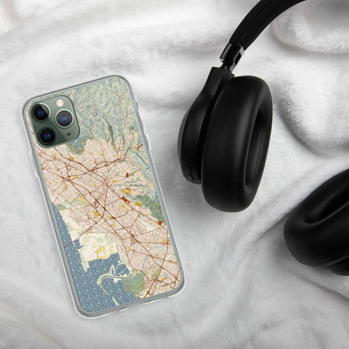 Custom Hayward California Map Phone Case in Woodblock on Table with Black Headphones