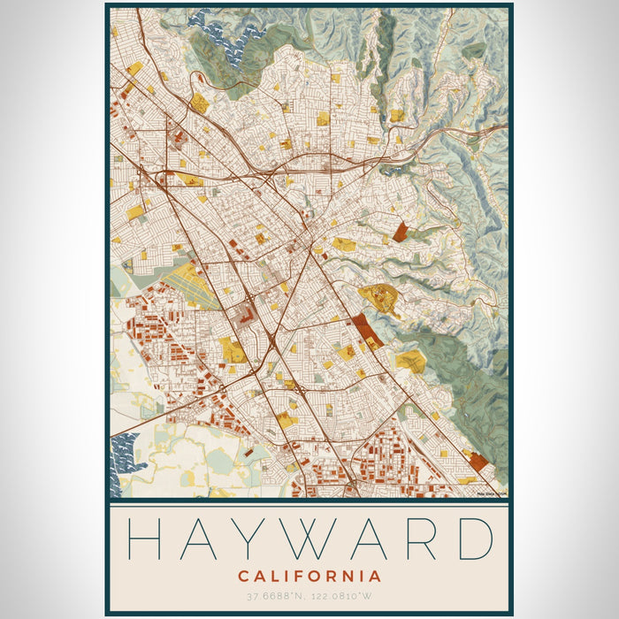 Hayward California Map Print Portrait Orientation in Woodblock Style With Shaded Background