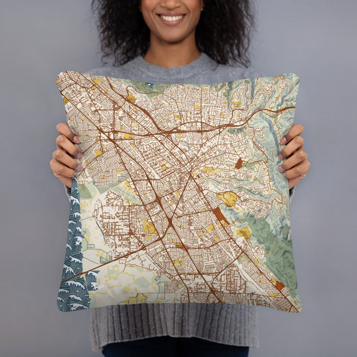 Person holding 18x18 Custom Hayward California Map Throw Pillow in Woodblock
