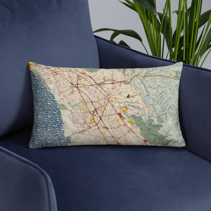 Custom Hayward California Map Throw Pillow in Woodblock on Blue Colored Chair