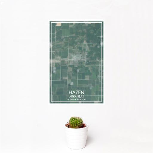 12x18 Hazen Arkansas Map Print Portrait Orientation in Afternoon Style With Small Cactus Plant in White Planter