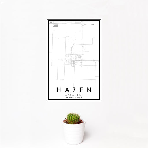 12x18 Hazen Arkansas Map Print Portrait Orientation in Classic Style With Small Cactus Plant in White Planter