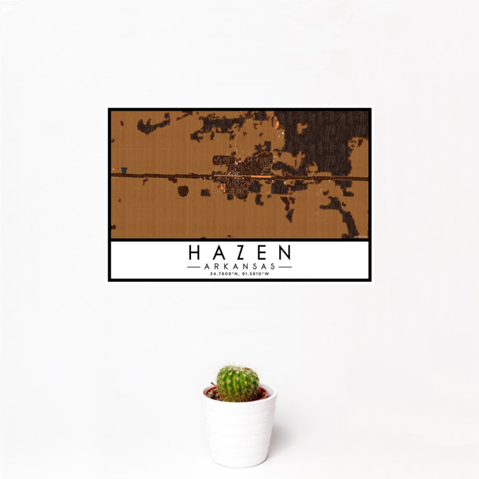 12x18 Hazen Arkansas Map Print Landscape Orientation in Ember Style With Small Cactus Plant in White Planter