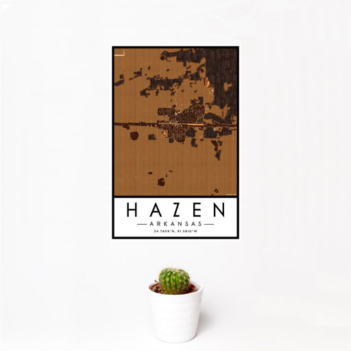12x18 Hazen Arkansas Map Print Portrait Orientation in Ember Style With Small Cactus Plant in White Planter