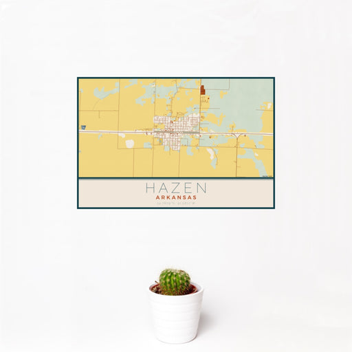 12x18 Hazen Arkansas Map Print Landscape Orientation in Woodblock Style With Small Cactus Plant in White Planter