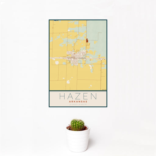 12x18 Hazen Arkansas Map Print Portrait Orientation in Woodblock Style With Small Cactus Plant in White Planter