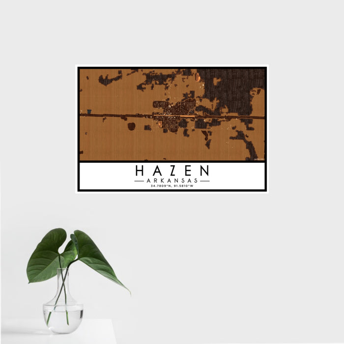 16x24 Hazen Arkansas Map Print Landscape Orientation in Ember Style With Tropical Plant Leaves in Water