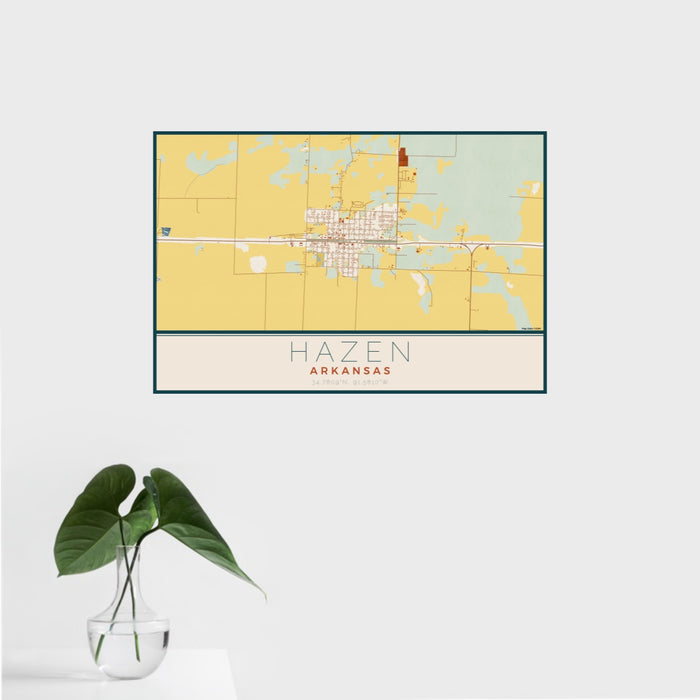 16x24 Hazen Arkansas Map Print Landscape Orientation in Woodblock Style With Tropical Plant Leaves in Water
