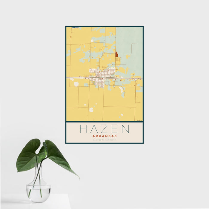 16x24 Hazen Arkansas Map Print Portrait Orientation in Woodblock Style With Tropical Plant Leaves in Water